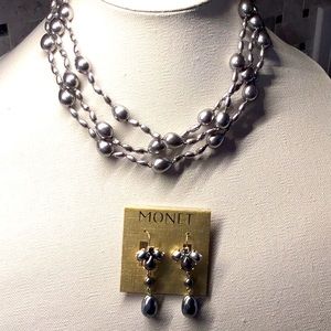 New Monet necklace and earrings gray faux pearls